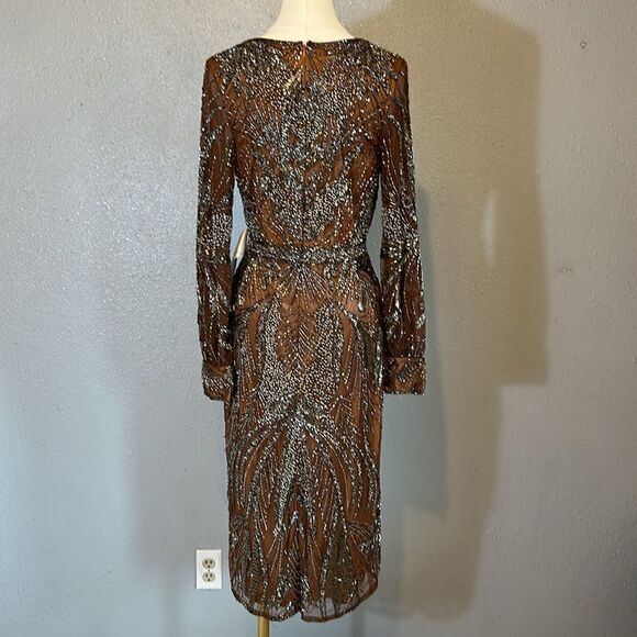 NEW Mac Duggal 5295 beaded long sleeve wrap over midi dress size 8 - Picture 8 of 14